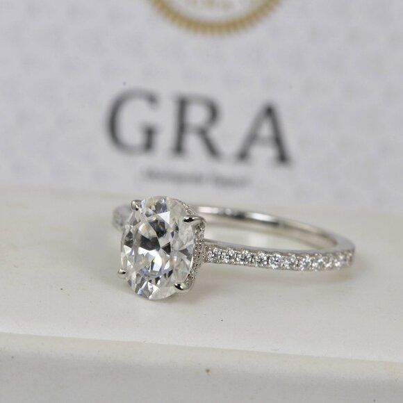 GRA Certified Fully Iced Oval Engagement Solitaire Moissanite Ring - Picture 4 of 6